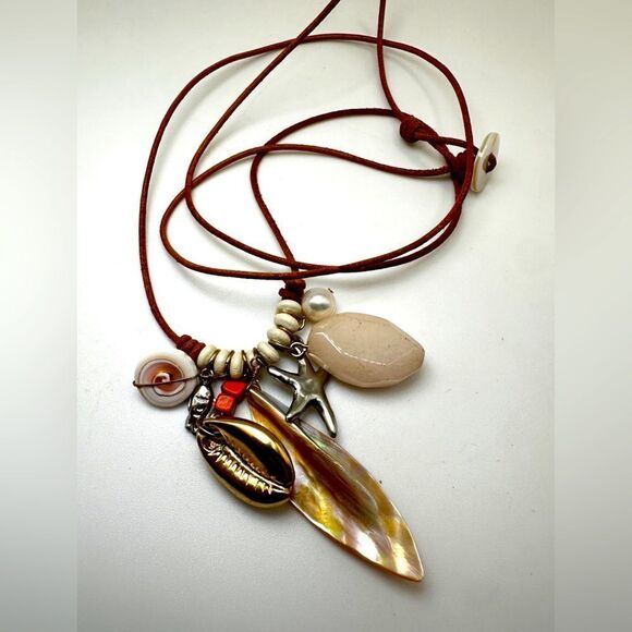 J.Jill 30" suede cord and beach themed necklace with stones, shells, and a pearl - Picture 1 of 14